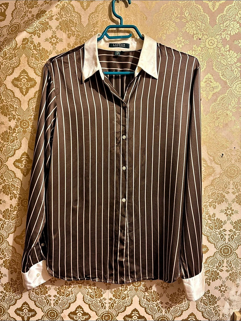 Lauren Ralph Lauren Striped Silk Button Down Brown & Cream 12